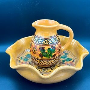 Vintage Art Pottery Ruffled Bowl Pitcher Jug By Dizayn 74, North Cyprus